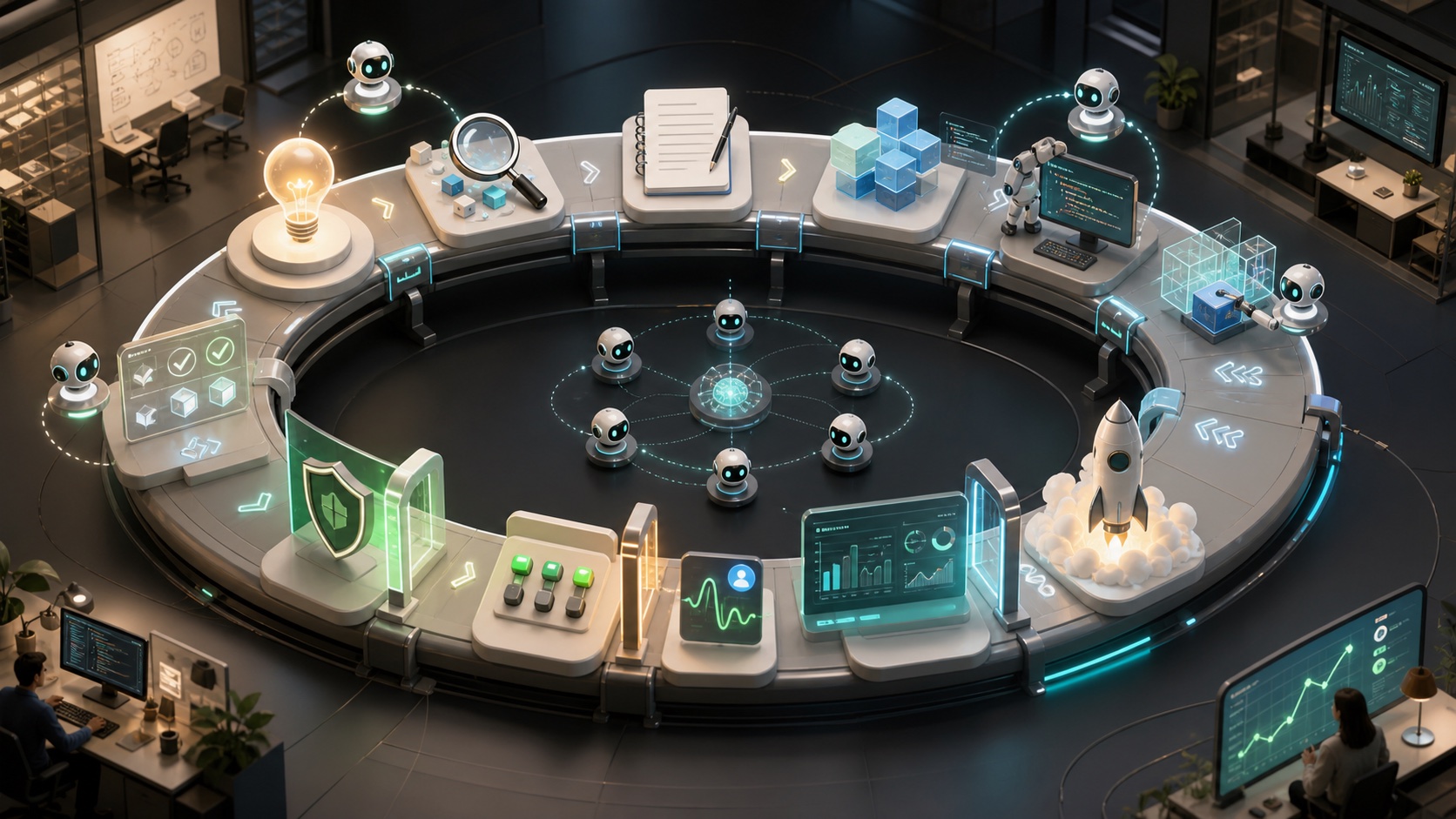 Cycle complet d’un Agentic Delivery System, de l’intention au feedback de production