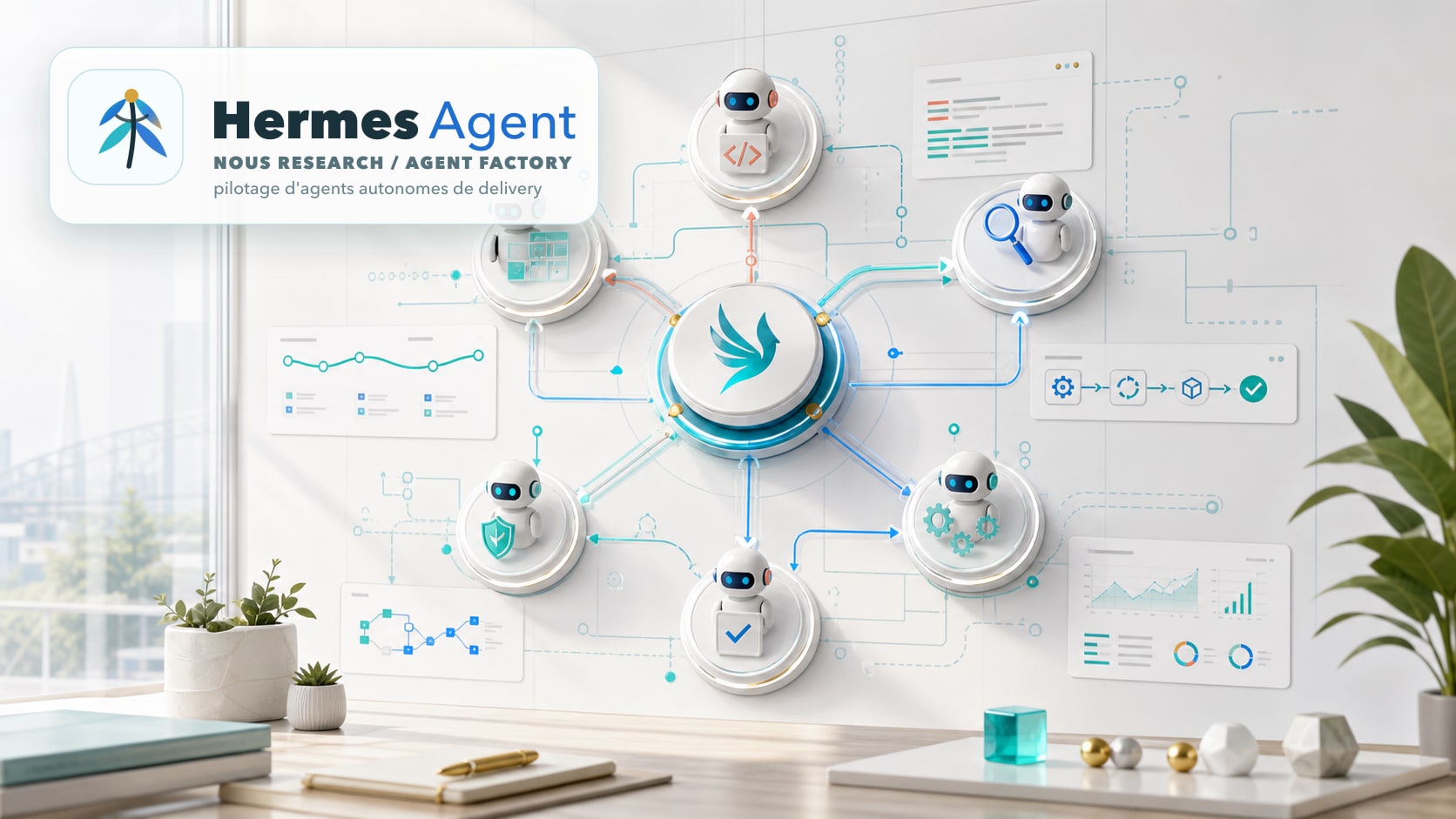 Hermes Agent orchestrant une agent factory logicielle sur fond clair avec agents autonomes, tests, livraison et supervision humaine